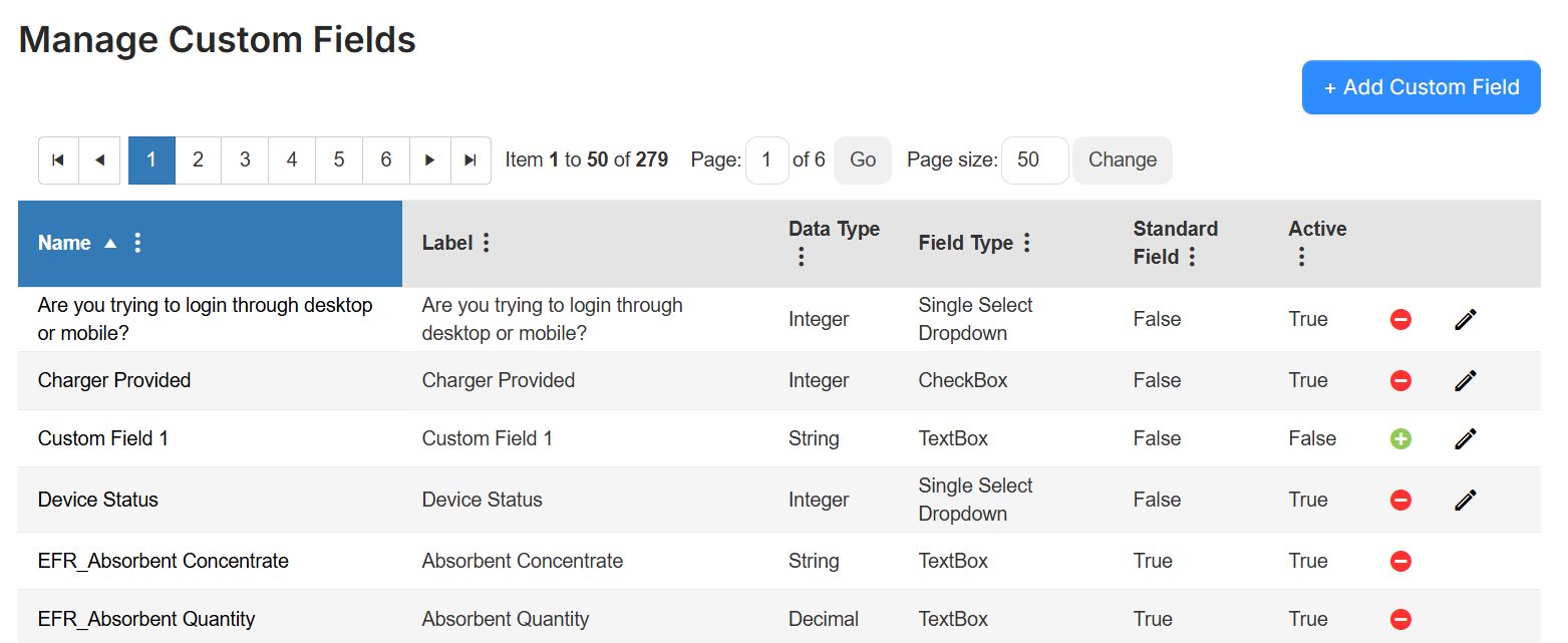 Manage custom fields list